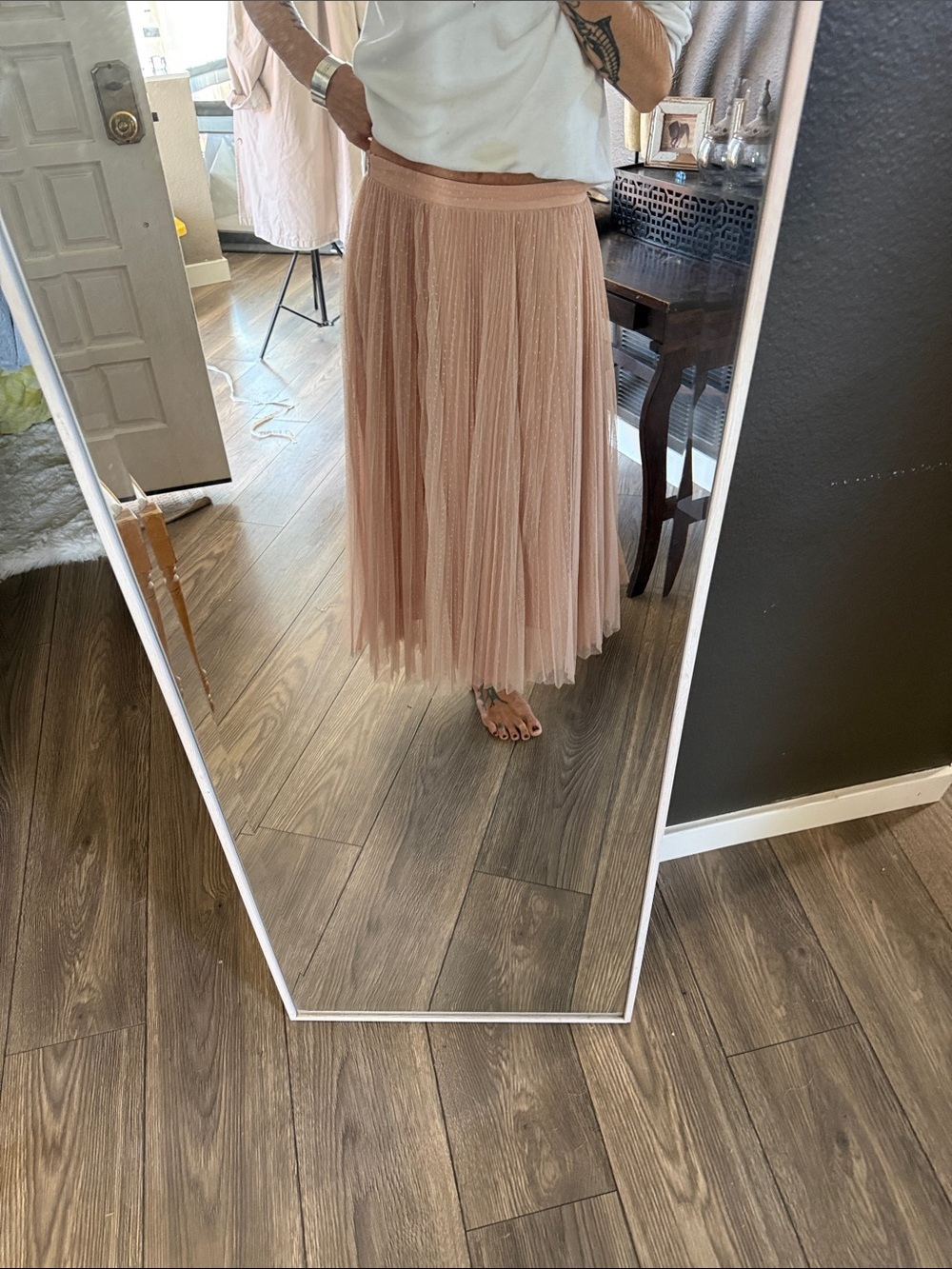 Midi Pleated Tulle Skirt in Dusty Pink